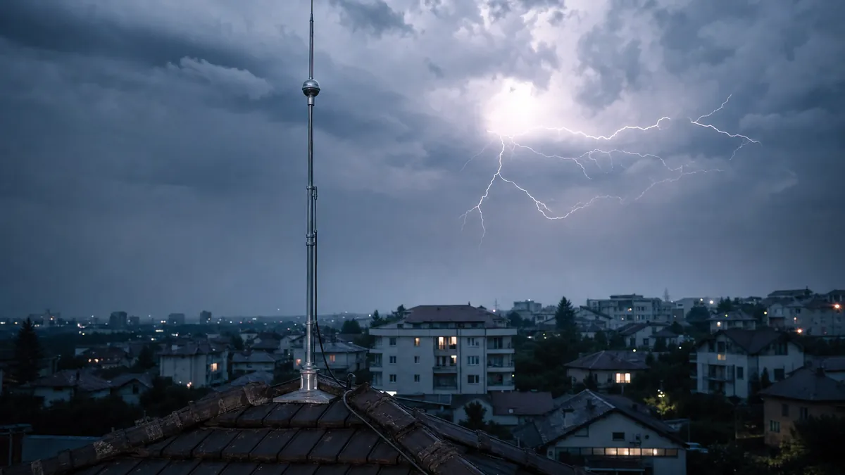 Ce este un paratrăsnet: catarg cu vârf metalic pe acoperiș, pe fundal de furtună