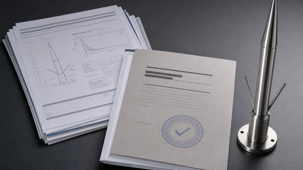 Certificări paratrăsnet: dosar de conformitate și documente tehnice lângă un vârf de captare din inox