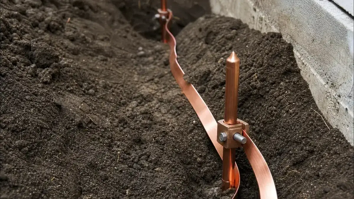 Priză de pământ: electrozi și platbandă de cupru într-un șanț lângă fundația clădirii